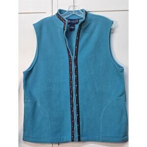 Susan Graver Fleece Vest Womens Medium Turquoise with Floral Trim Full Zip